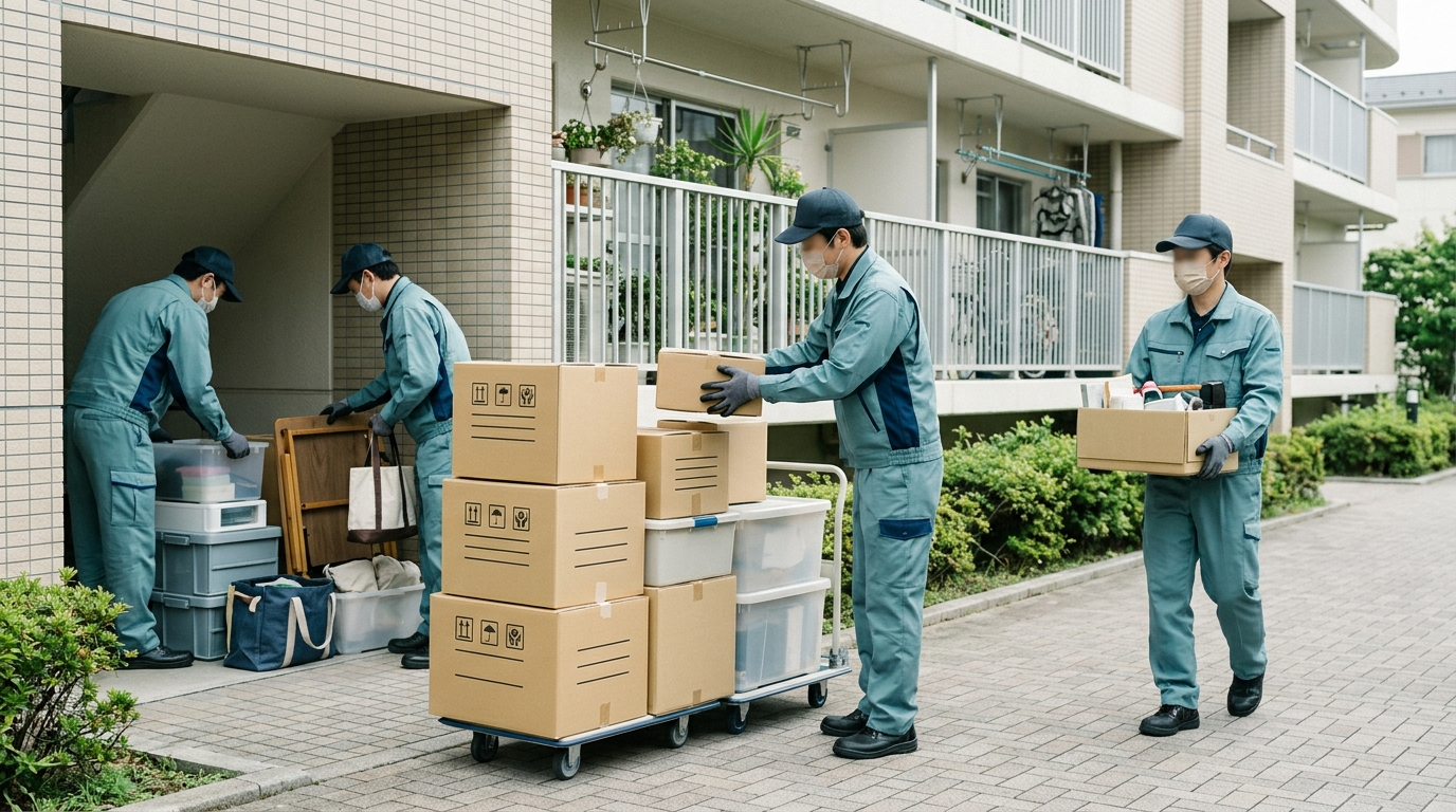 香川県でゴミ屋敷の片付けを行う清掃スタッフが残置物を分別・搬出している様子のイメージ